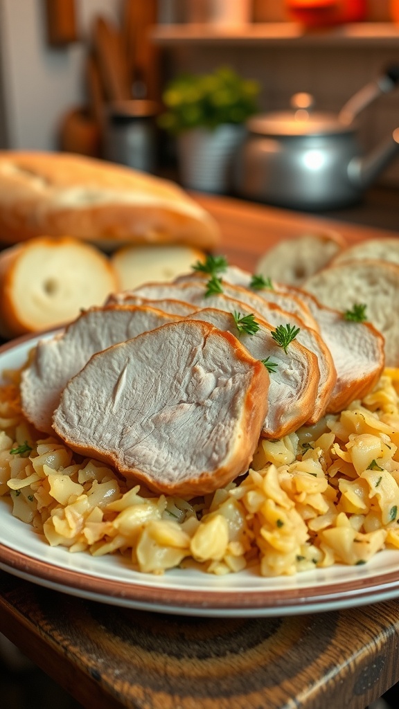 Oven-baked pork served on sauerkraut with bread, garnished with herbs.